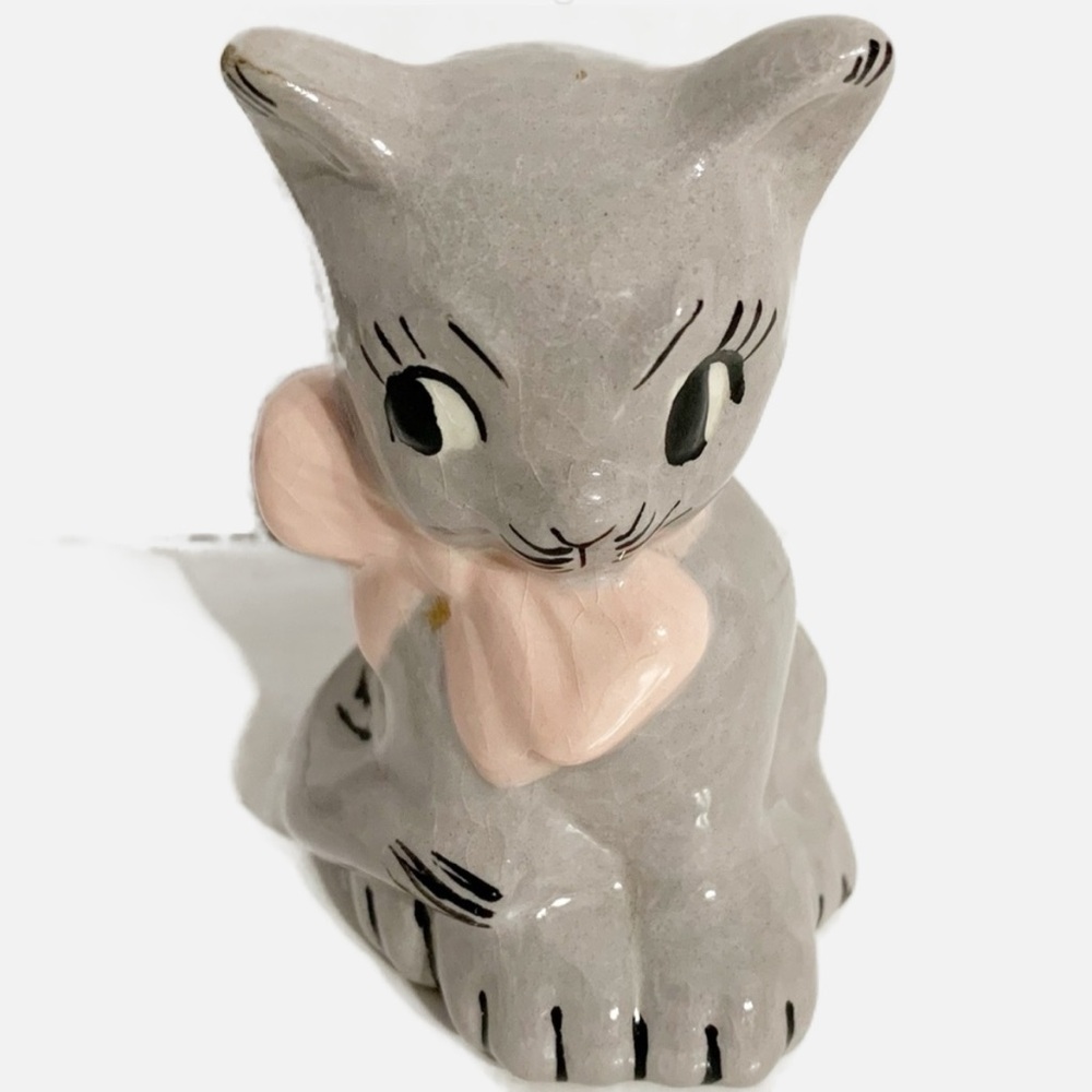 Unbranded Vintage Cute Ceramic Gray Kitten with Pink Ribbon Hollow Marker HDV